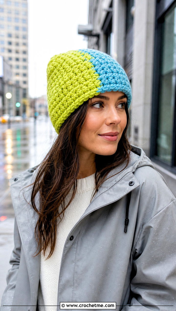 Bernat Blanket Yarn Color Block Beanie With Raincoat - 30 bernat blanket yarn crochet hat outfit ideas