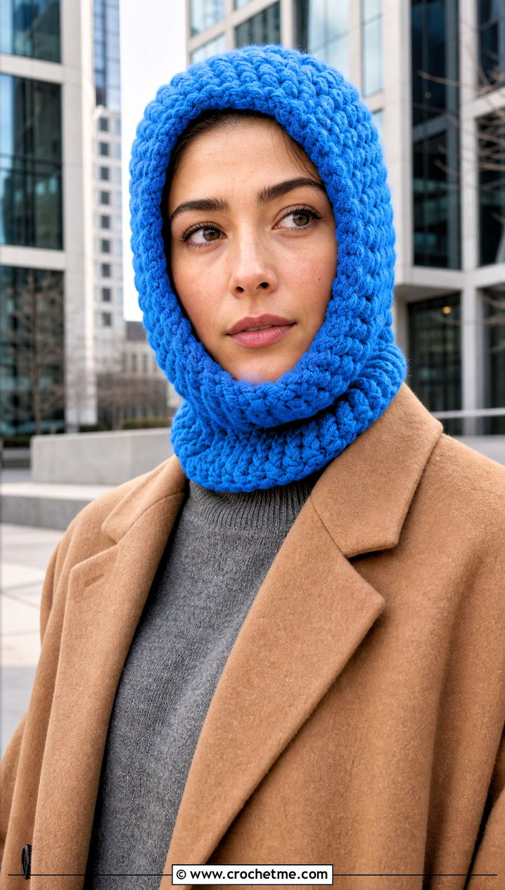 Bernat Blanket Yarn Crochet Balaclava With Tailored Coat - 30 bernat blanket yarn crochet hat outfit ideas