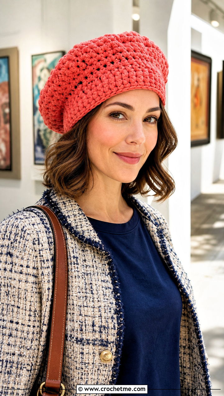 Bernat Blanket Yarn Crochet Beret With Tweed Jacket - 30 bernat blanket yarn crochet hat outfit ideas