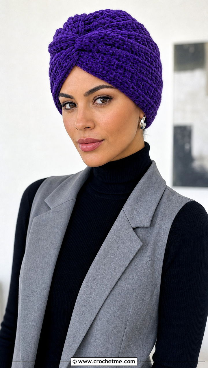 Bernat Blanket Yarn Crochet Turban Hat With Longline Vest - 30 bernat blanket yarn crochet hat outfit ideas