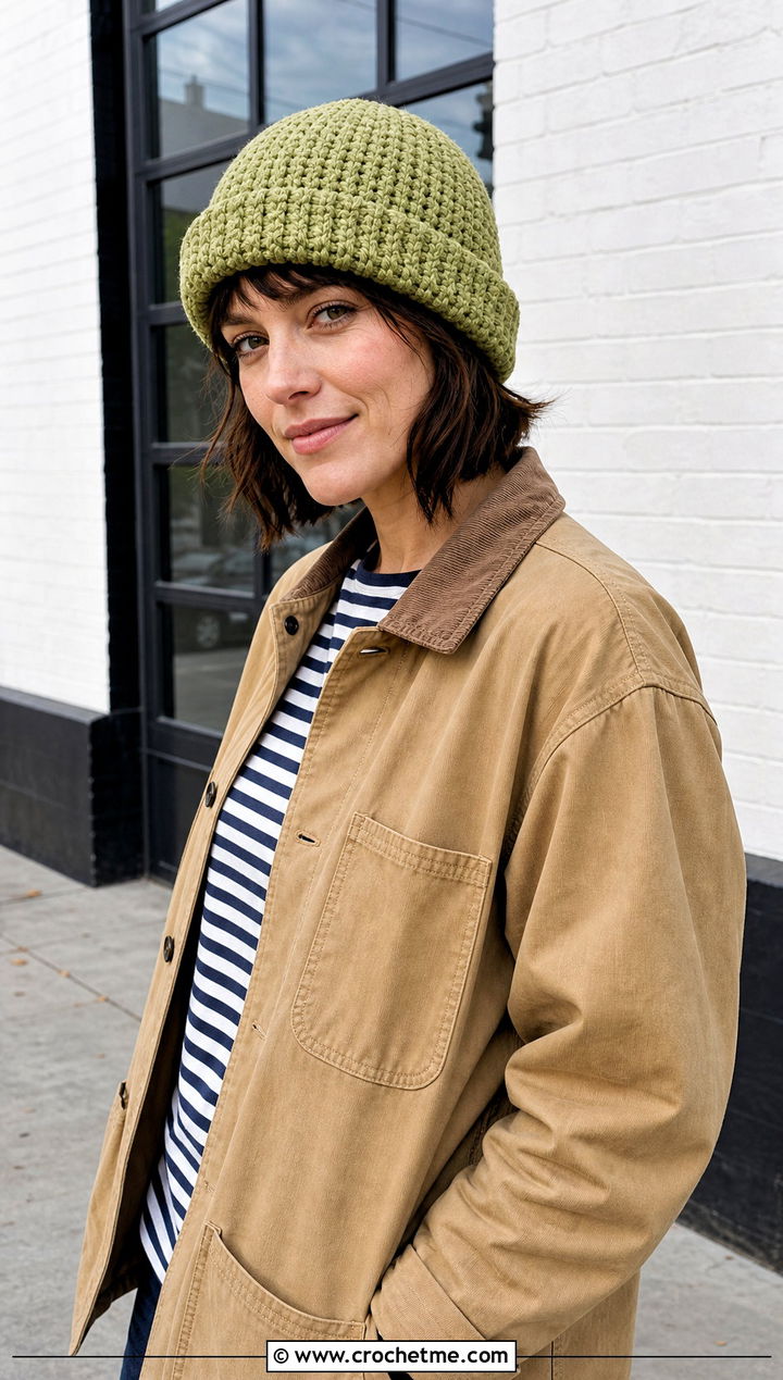 Bernat Blanket Yarn Fisherman Beanie With Chore Jacket - 30 bernat blanket yarn crochet hat outfit ideas