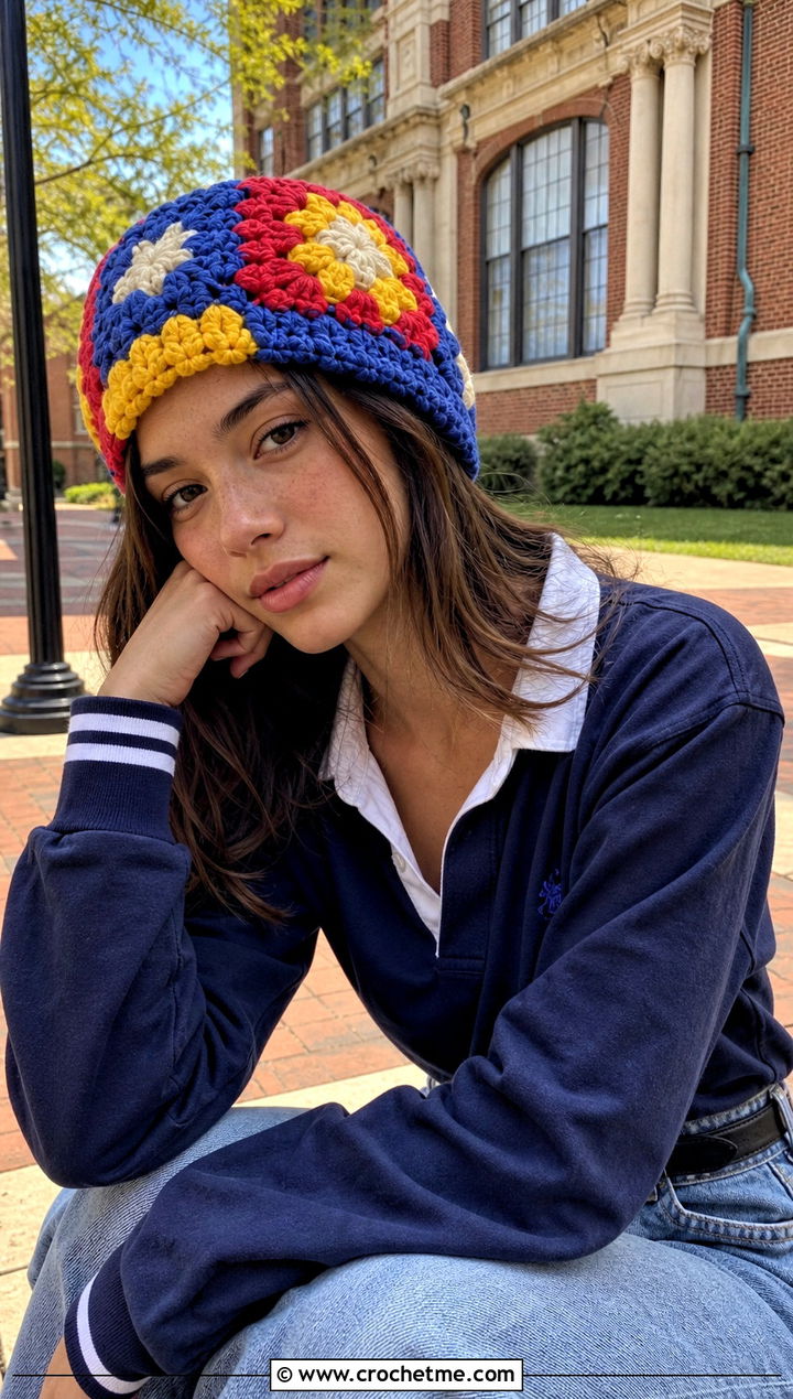 Bernat Blanket Yarn Granny Square Hat With Rugby Shirt - 30 bernat blanket yarn crochet hat outfit ideas