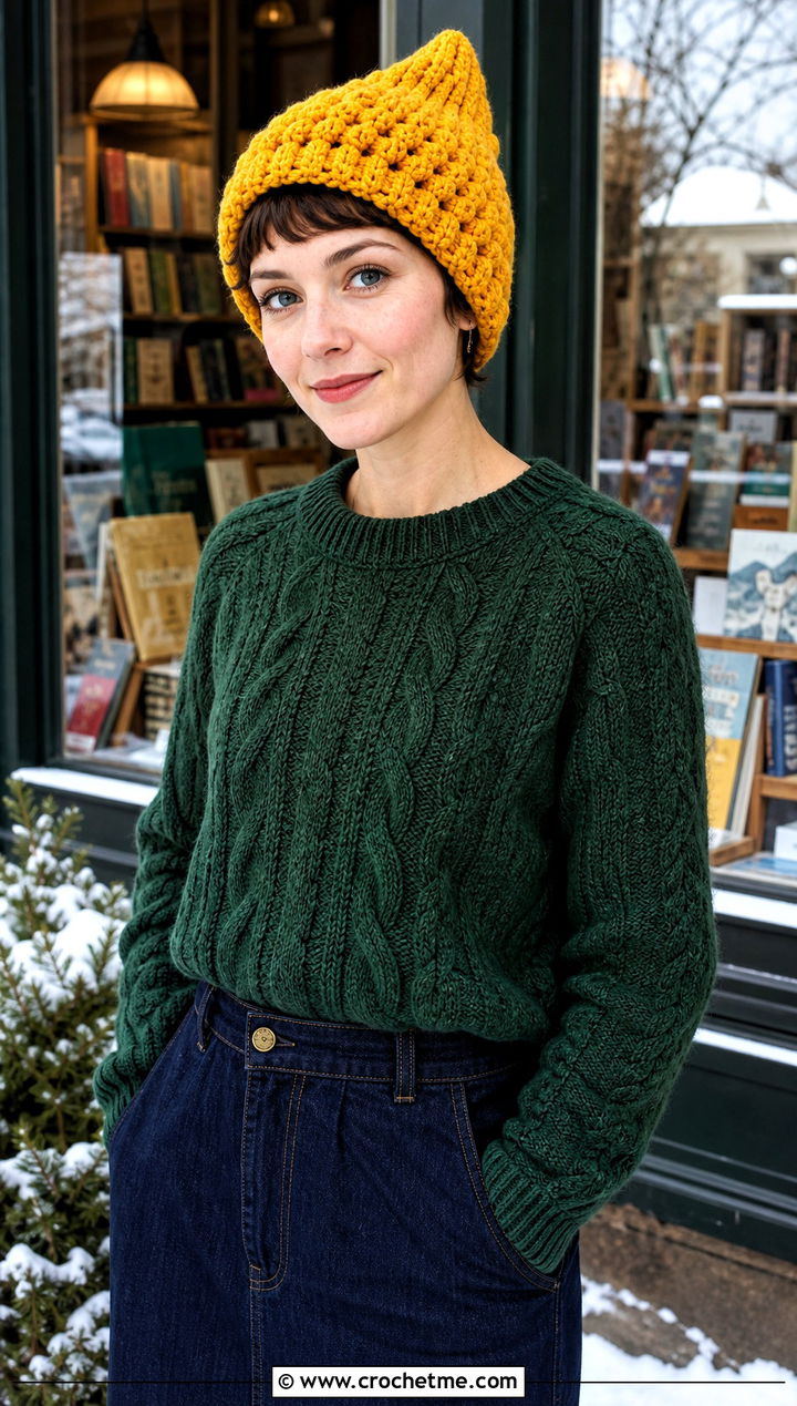 Bernat Blanket Yarn Pixie Hat With Cable Sweater And Midi Skirt - 30 bernat blanket yarn crochet hat outfit ideas