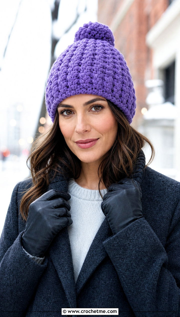 Bernat Blanket Yarn Pom Pom Beanie With Wool Coat - 30 bernat blanket yarn crochet hat outfit ideas