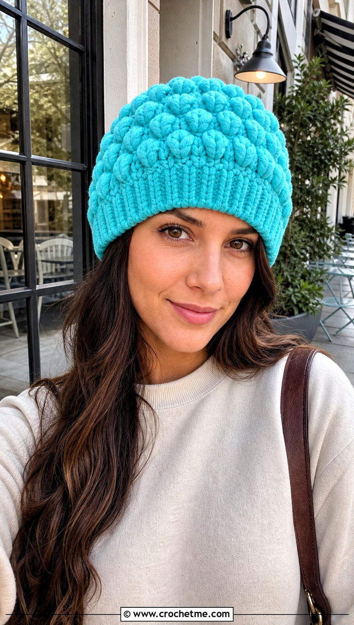 Bernat Blanket Yarn Puff Stitch Beanie With Sweatshirt And Maxi Skirt - 30 bernat blanket yarn crochet hat outfit ideas