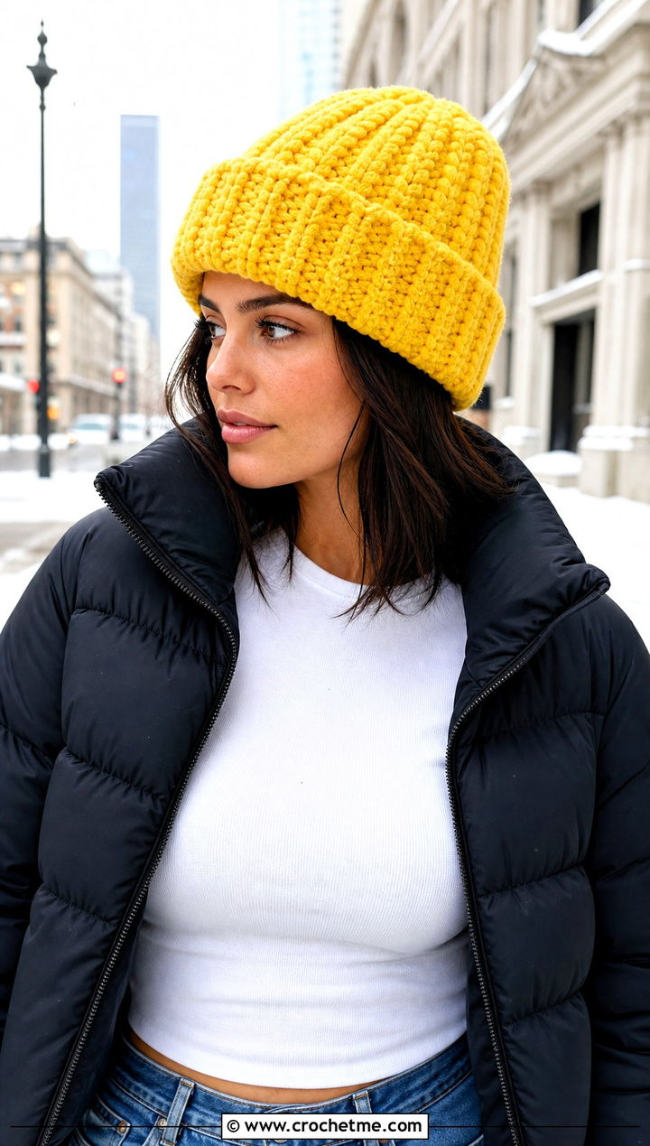 Bernat Blanket Yarn Ribbed Cuffed Beanie With Puffer Jacket - 30 bernat blanket yarn crochet hat outfit ideas