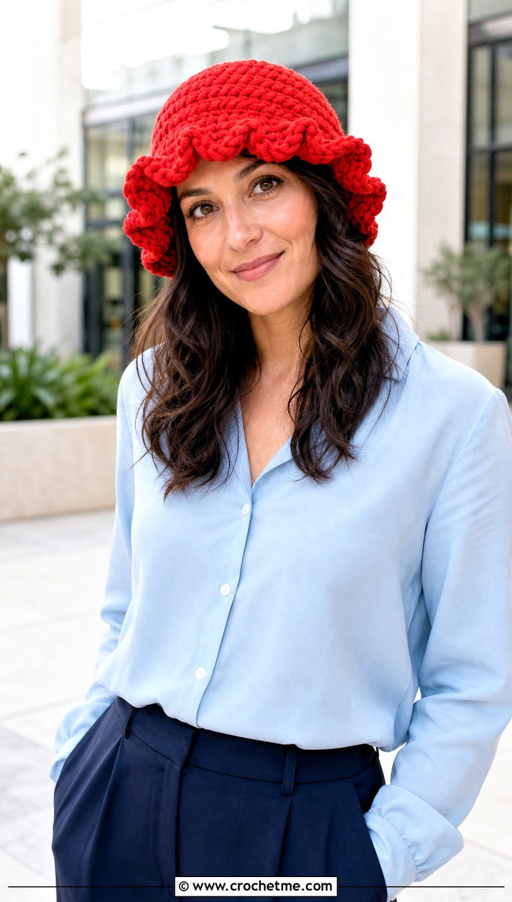 Bernat Blanket Yarn Scalloped Brim Hat With Blouse And Culottes - 30 bernat blanket yarn crochet hat outfit ideas