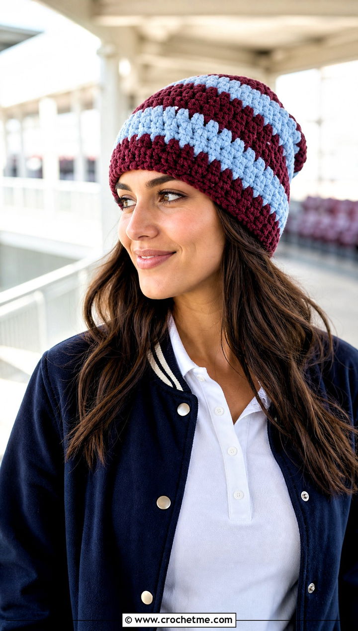 Bernat Blanket Yarn Striped Beanie With Varsity Jacket - 30 bernat blanket yarn crochet hat outfit ideas