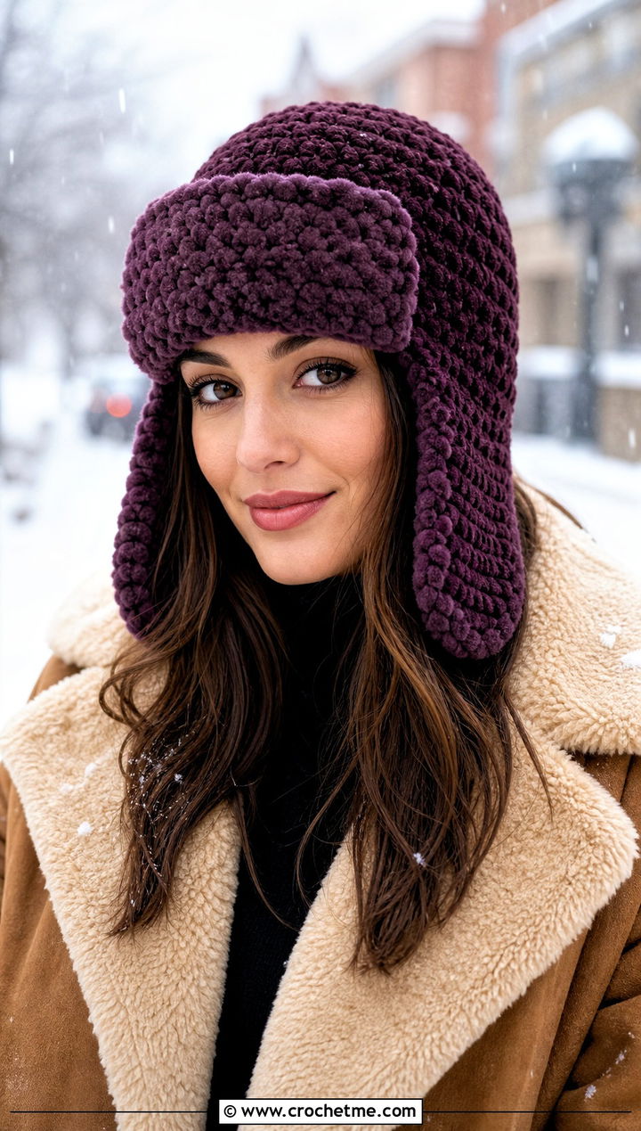 Bernat Blanket Yarn Trapper Hat With Shearling Coat - 30 bernat blanket yarn crochet hat outfit ideas