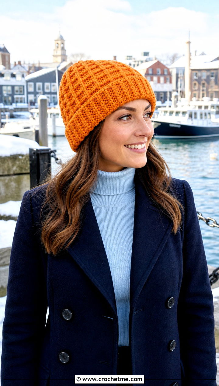 Bernat Blanket Yarn Waffle Stitch Hat With Peacoat - 30 bernat blanket yarn crochet hat outfit ideas