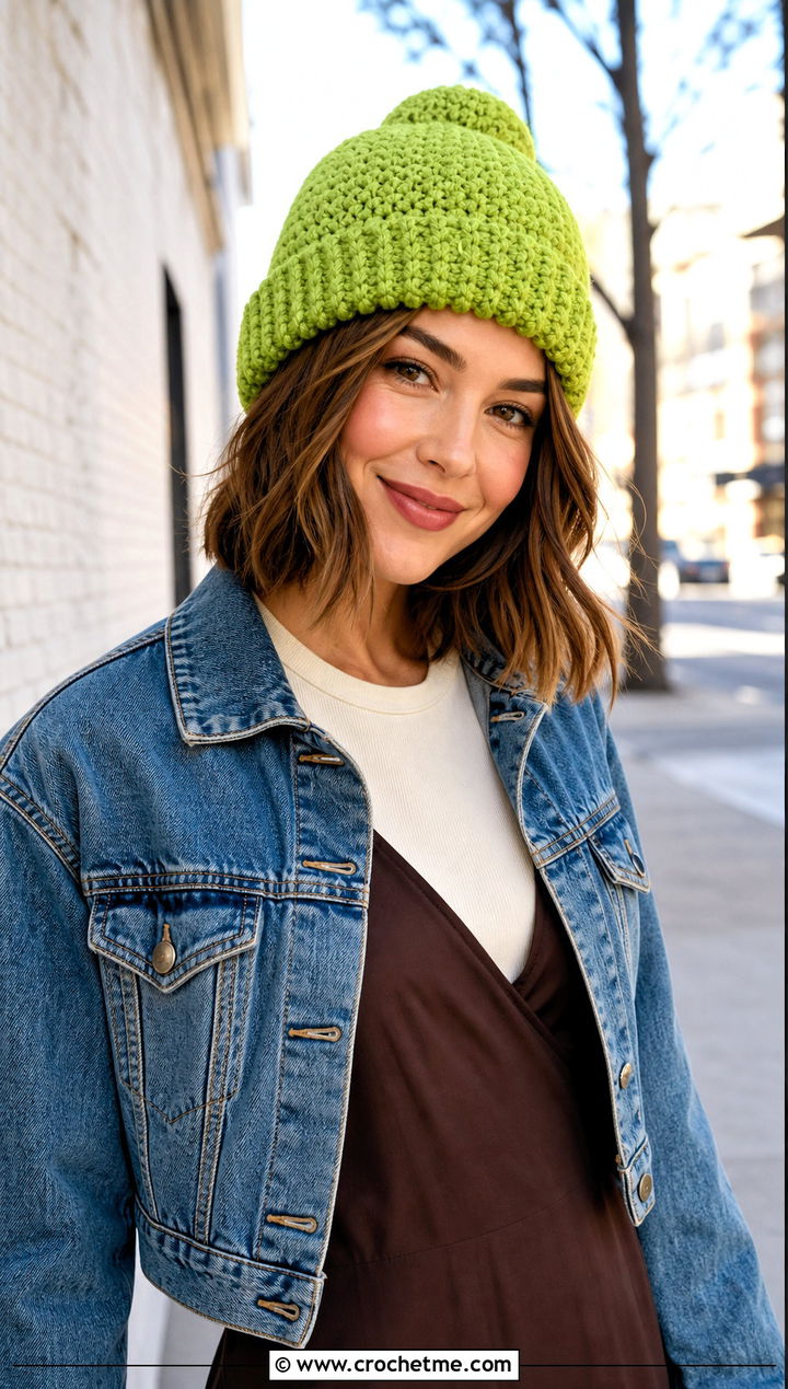 Bernat Blanket Yarn Watch Cap With Denim Jacket And Slip Dress - 30 bernat blanket yarn crochet hat outfit ideas