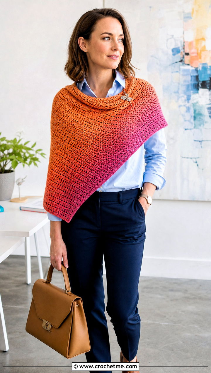 Bias Gradient Shawl With Button Down Shirt - 15 Crochet Gradient Shawl outfit ideas