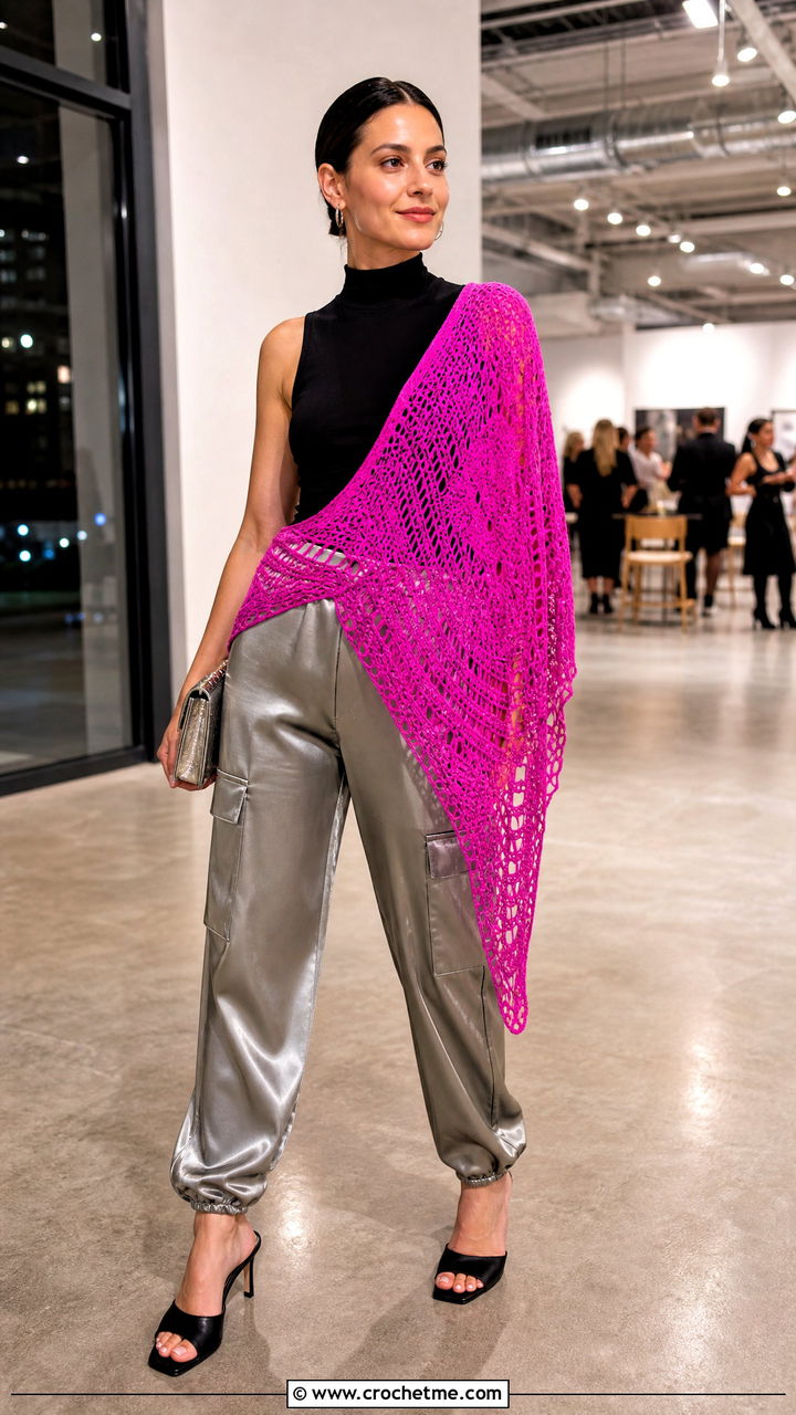 Bias Shaped Prayer Shawl With Satin Cargo Pants - 35 crochet prayer shawl outfit ideas