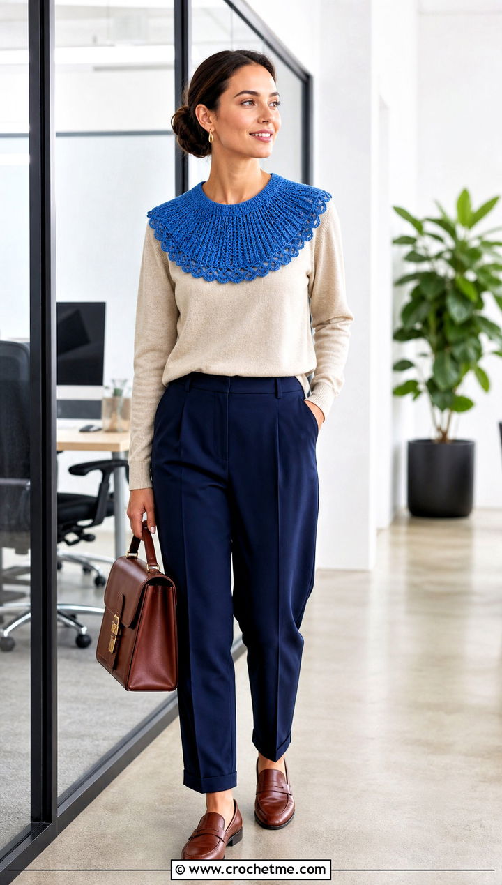 Bib Crochet Collar With Knit Sweater And Trousers - 15 beginner crochet collar outfit ideas