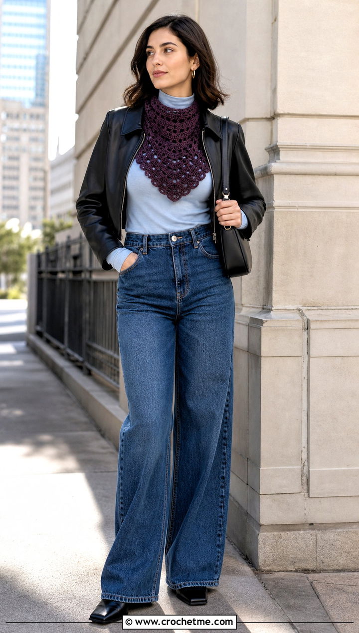 Bib Crochet Cowl With Leather Jacket And Wide Leg Jeans - 15 Crochet For Cowl Scarf outfit ideas