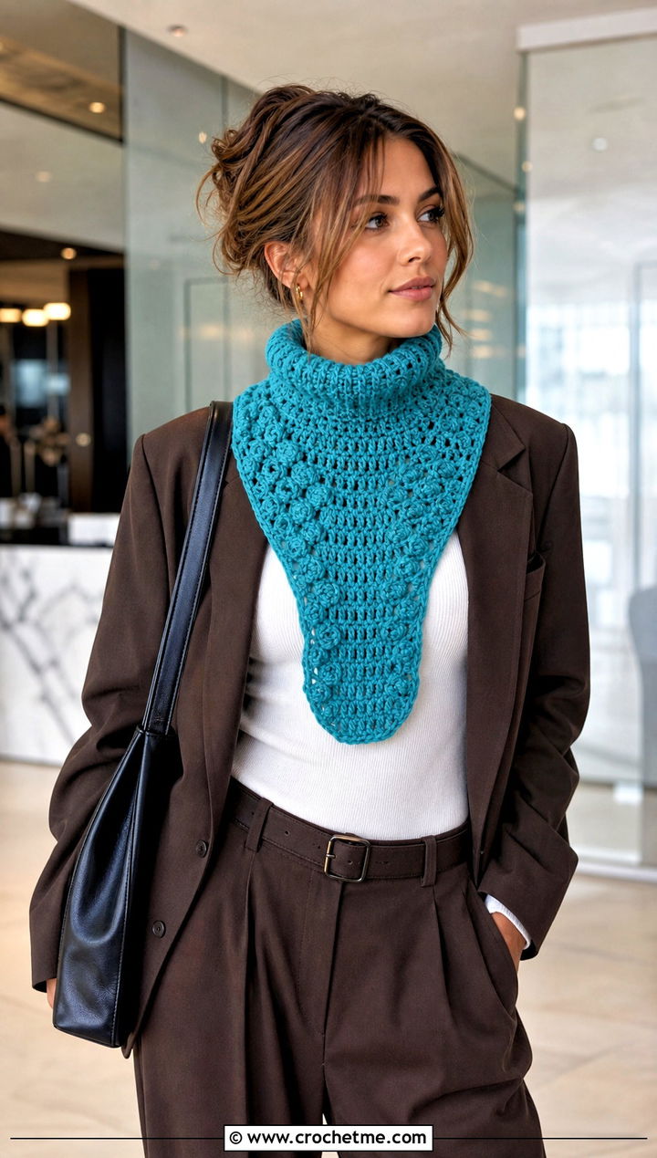 Bib Crochet Cowl With Oversized Blazer - 20 Simple Crochet Cowl outfit ideas
