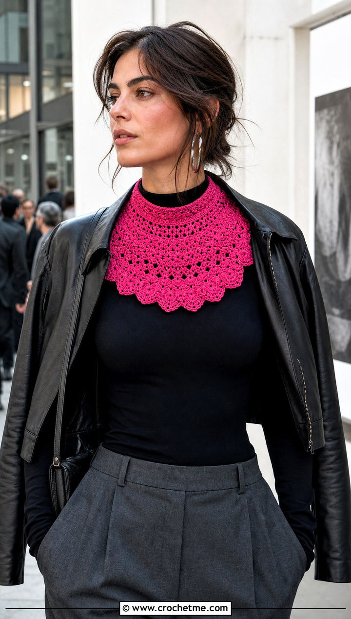 Bib Crocheted Collar With Leather Jacket And Trousers - 15 Crocheted Collars outfit ideas