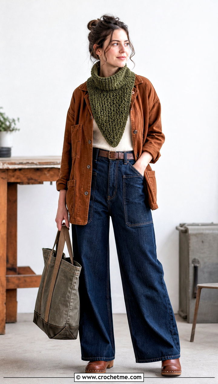 Bib Crocheted Cowl With Chore Jacket And Wide Leg Jeans - 25 Crocheted Cowl outfit ideas