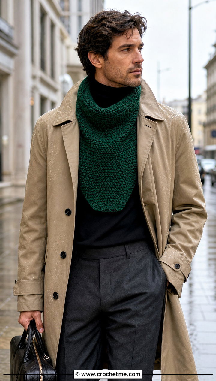 Bib Front Crochet Cowl With Trench Coat - 25 Men Crochet Cowl outfit ideas