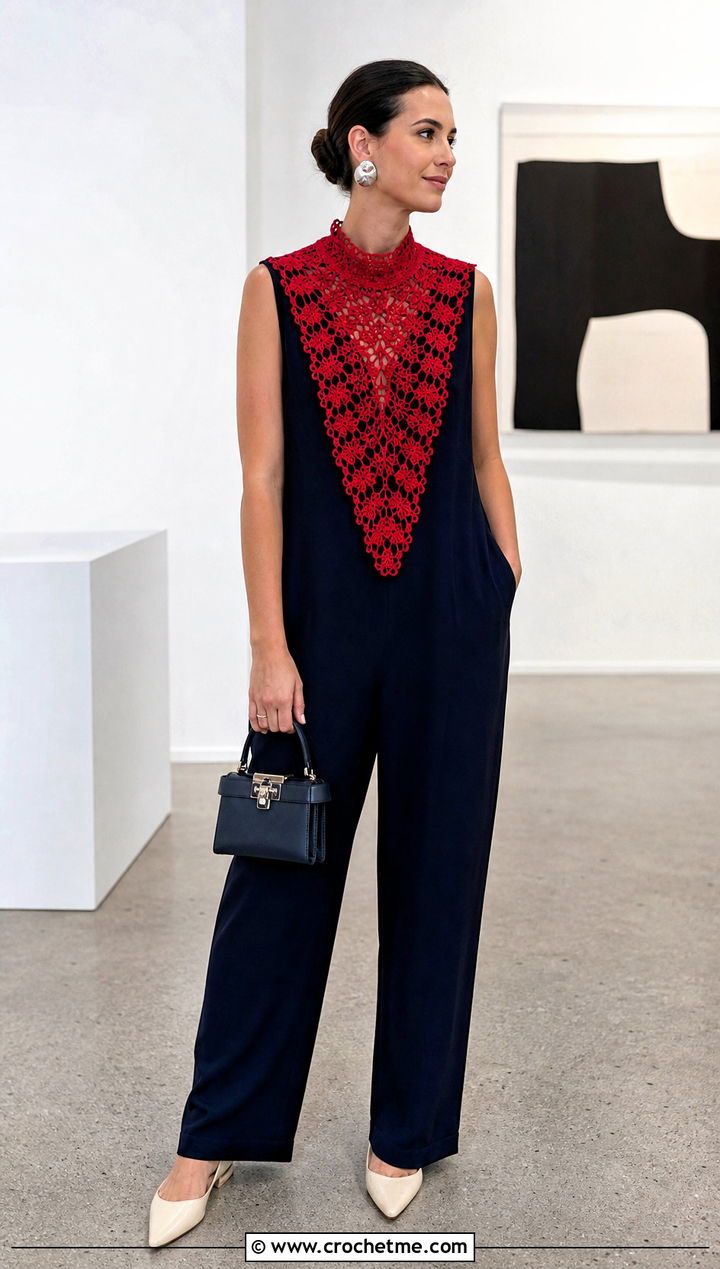 Bib Lace Crochet Collar With Minimalist Jumpsuit - 25 Lace Crochet Collar outfit ideas