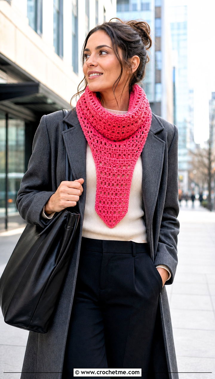 Bib Pink Crochet Cowl With Minimalist Coat - 15 pink crochet cowl outfit ideas