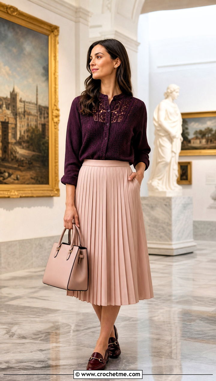 Bib Yoke Crochet Shirt With Pleated Midi Skirt - 15 Crochet Yoke Shirt outfit ideas