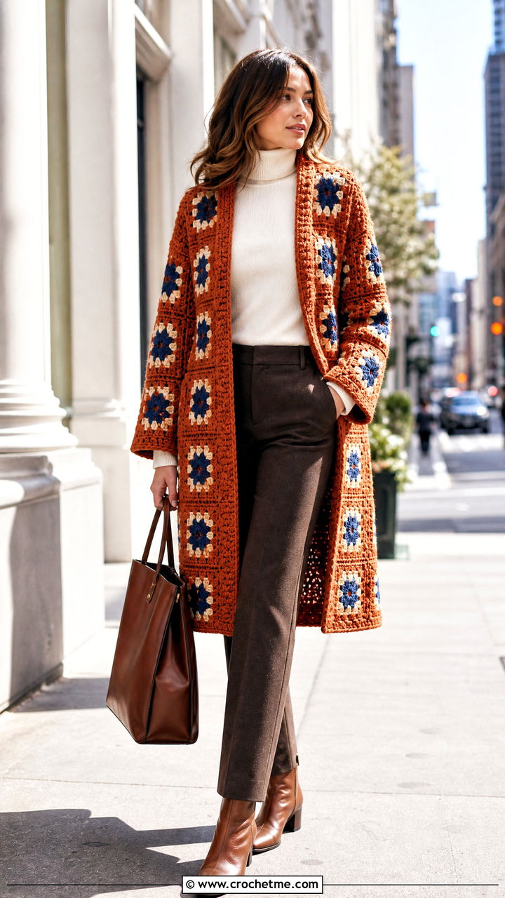 Big Granny Square Coatigan With Turtleneck And Wool Pants - 35 Big Granny Square Cardigan outfit ideas