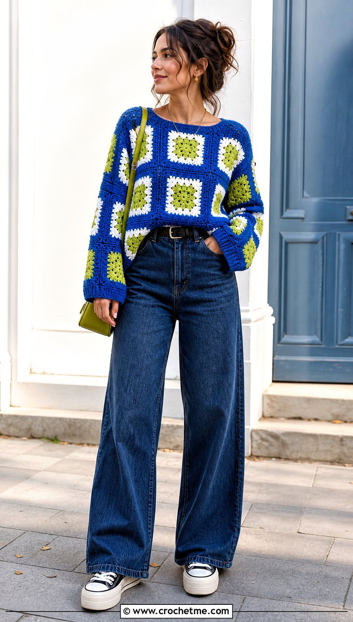 Big Square Jumper With Wide Leg Jeans - 30 crochet square jumper outfit ideas