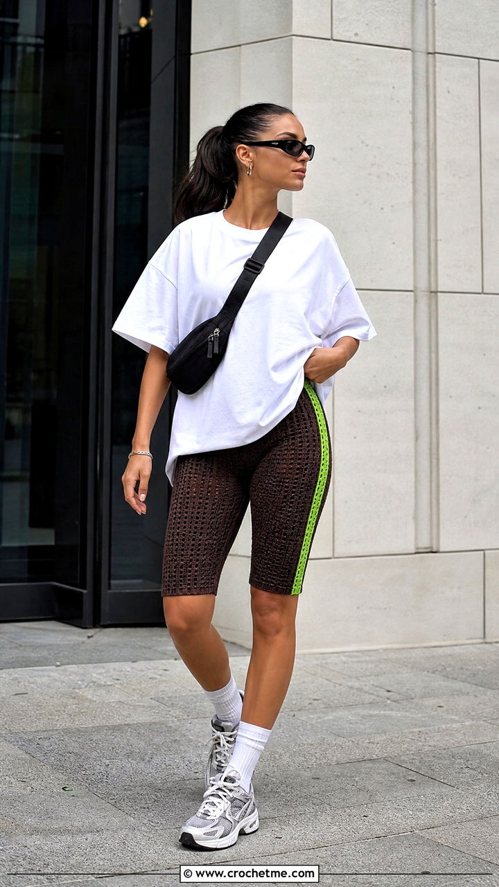 Biker Length Brown Crochet Shorts With Oversized T Shirt - 35 brown crochet shorts outfit ideas