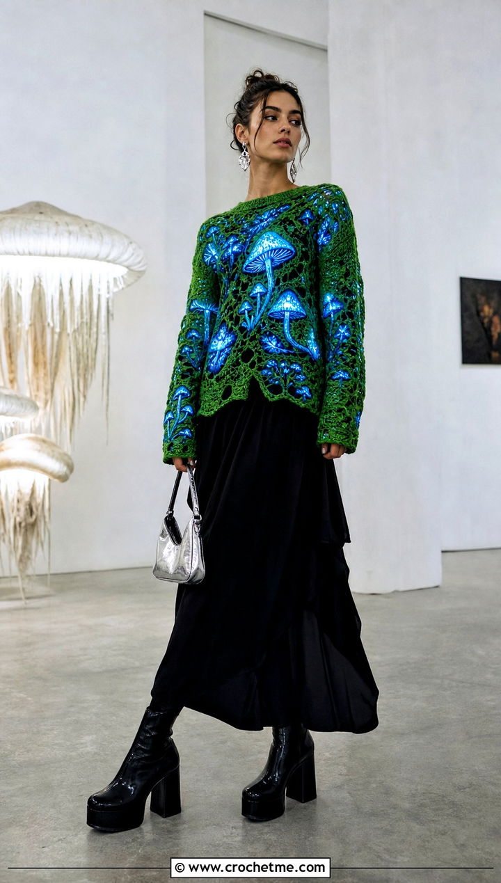 Bioluminescent Mushroom Crochet Sweater With Black Maxi Skirt - 25 mushroom crochet sweater outfit ideas