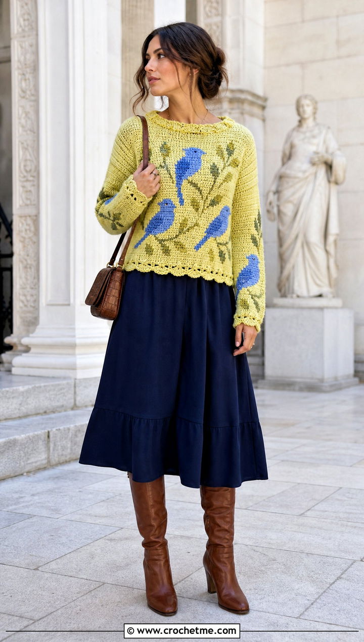 Bird Motif Tapestry Crochet Sweater Over Midi Dress - 30 tapestry crochet sweater outfit ideas