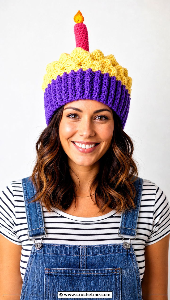 Birthday Candle Crochet Cupcake Hat With Denim Overalls - 30 crochet cupcake hat outfit ideas