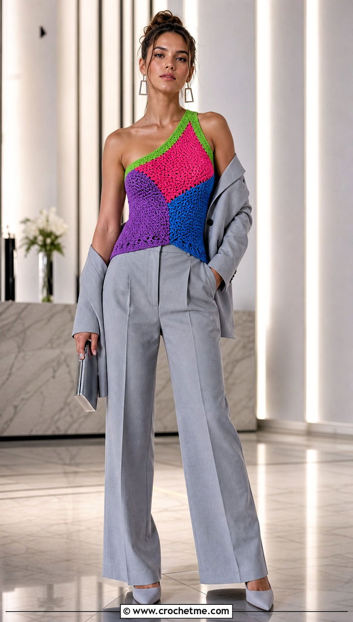 Bisexual Crochet One Shoulder Top With Tailored Suit - 25 bisexual crochet top outfit ideas