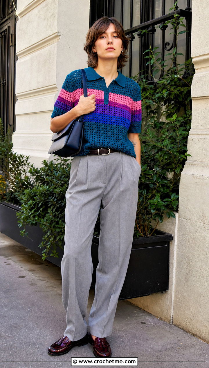 Bisexual Crochet Polo Top With Pleated Trousers - 25 bisexual crochet top outfit ideas