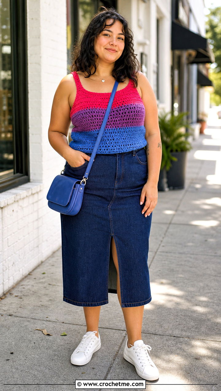 Bisexual Crochet Tank Top With Denim Midi Skirt - 25 bisexual crochet top outfit ideas