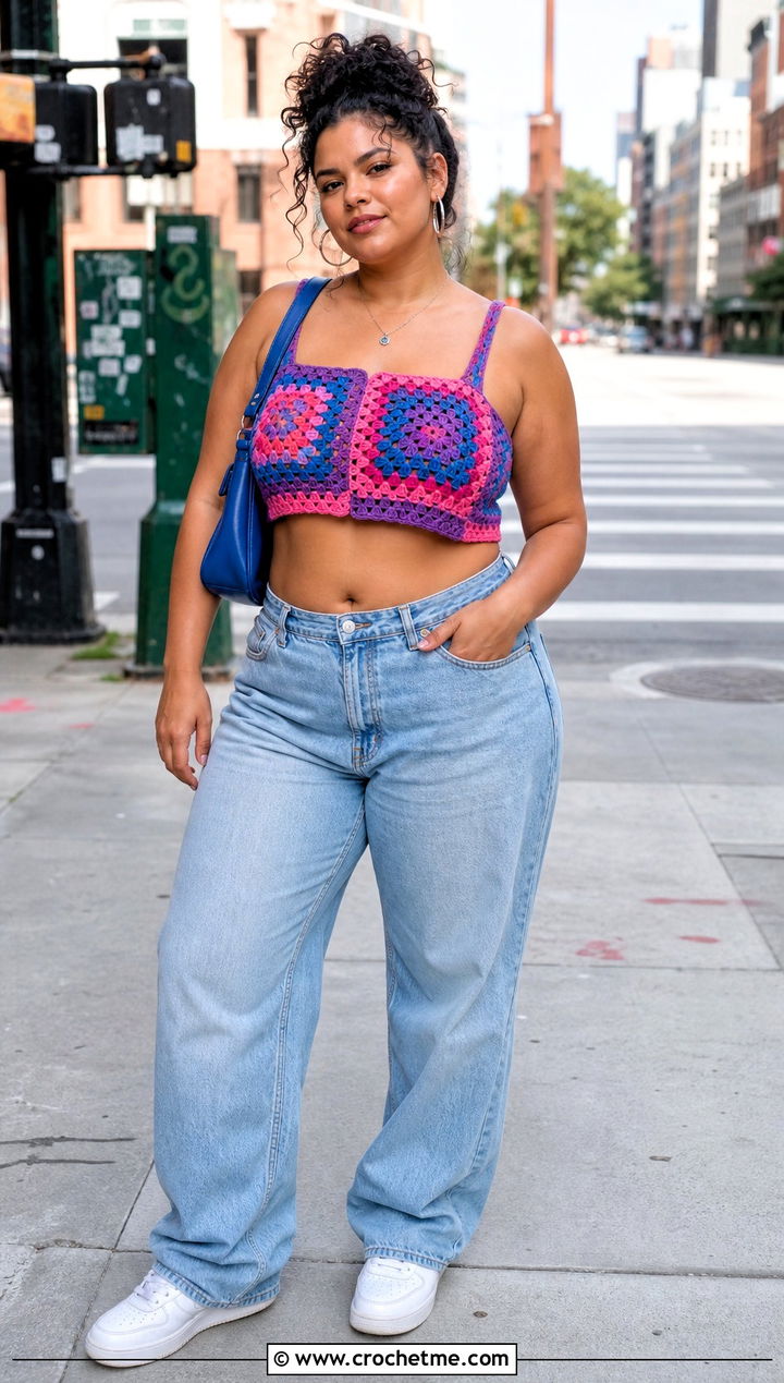 Bisexual Granny Square Crochet Crop Top With Baggy Jeans - 25 bisexual crochet top outfit ideas