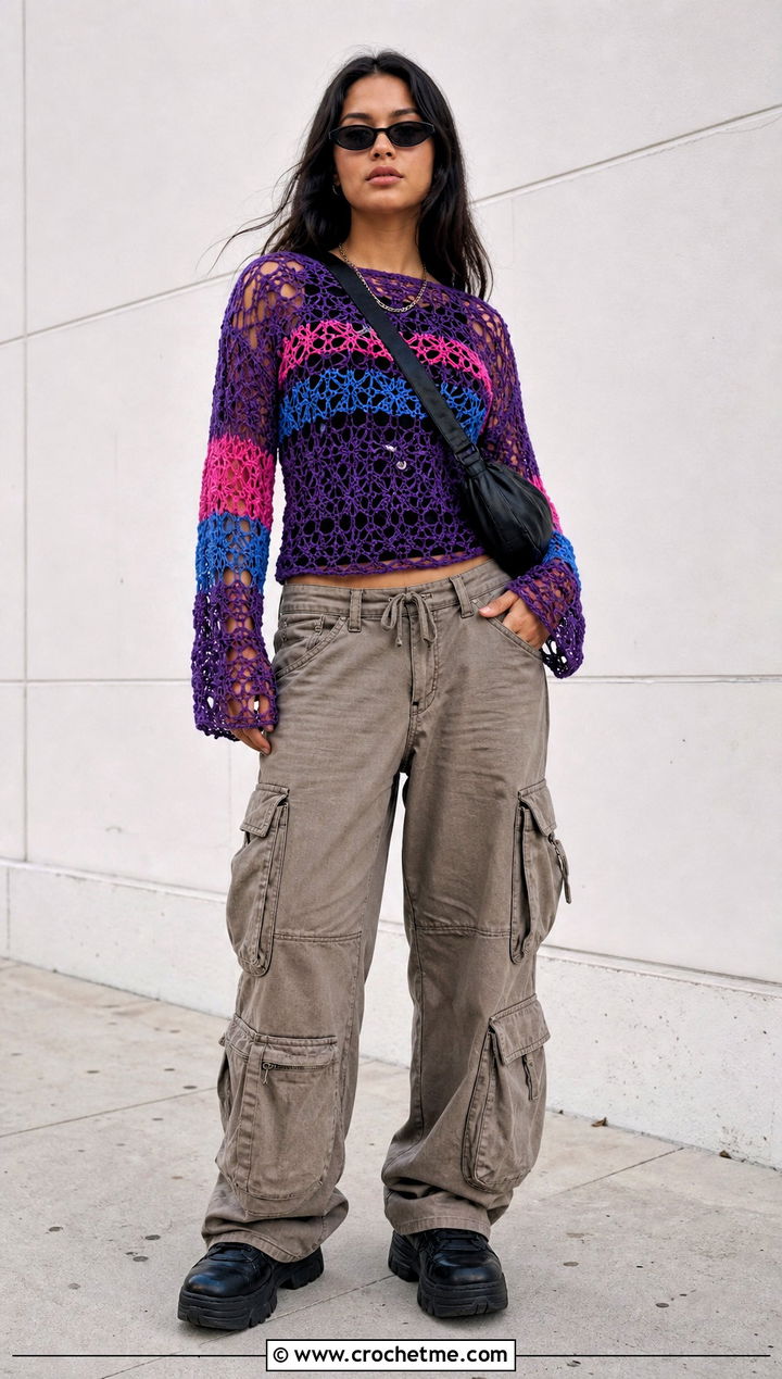 Bisexual Mesh Crochet Long Sleeve Top With Cargo Pants - 25 bisexual crochet top outfit ideas