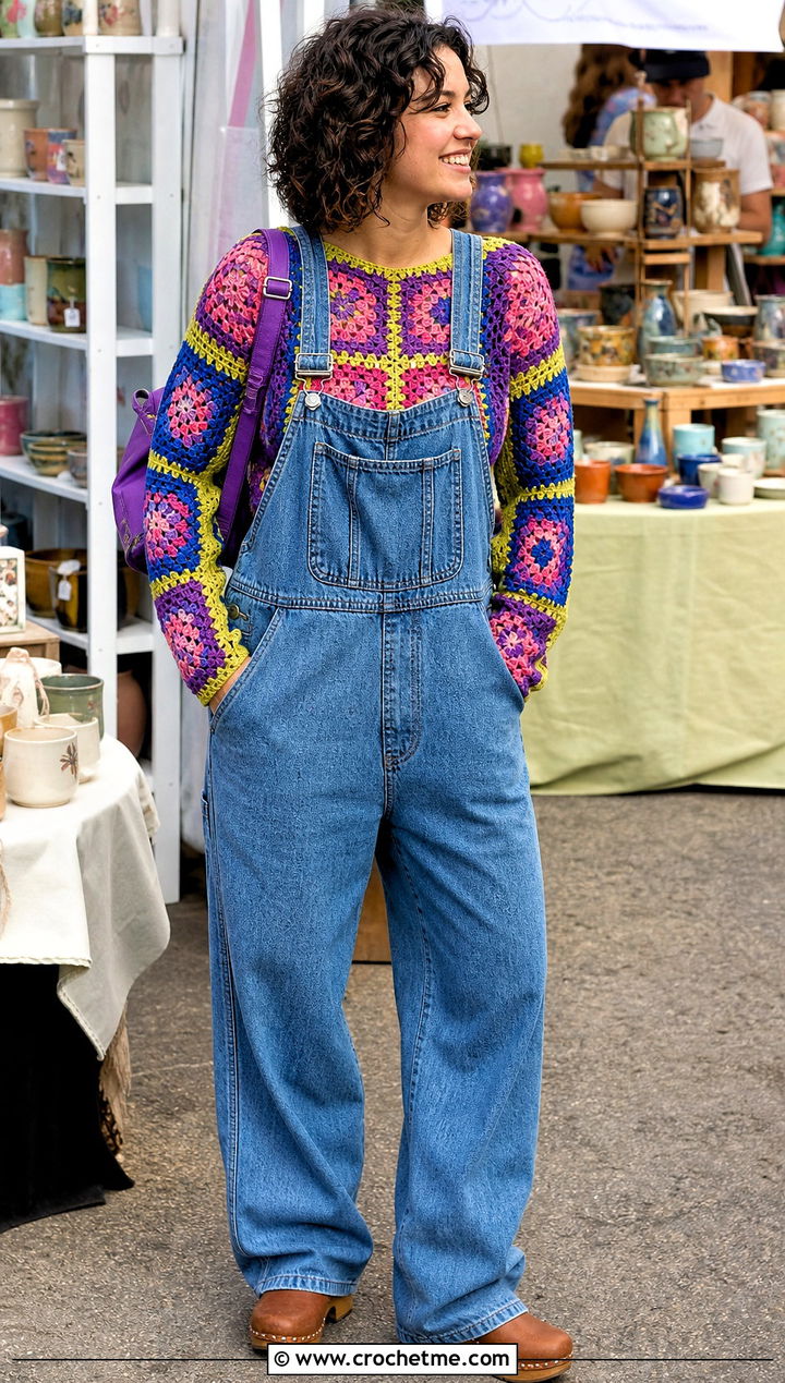 Bisexual Patchwork Crochet Top With Denim Overalls - 25 bisexual crochet top outfit ideas