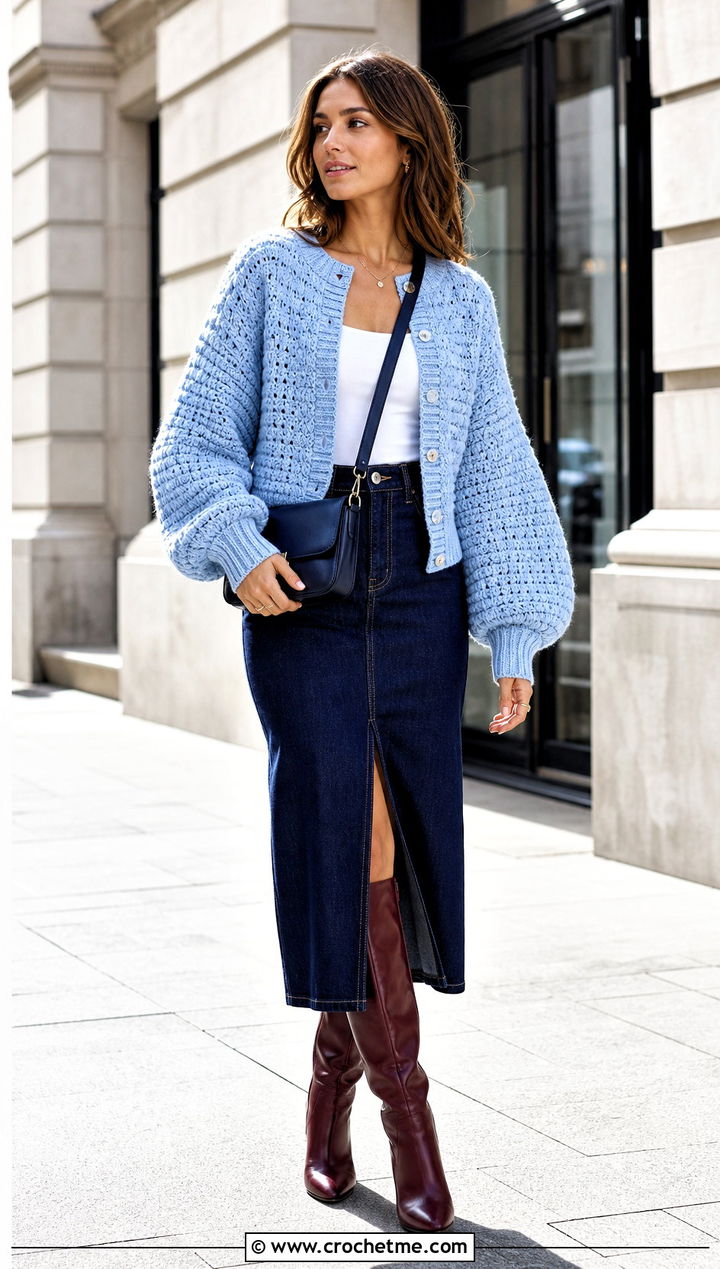 Bishop Sleeve Alpine Stitch Crochet Cardigan With Denim Midi Skirt - 25 Alpine Stitch Crochet Cardigan outfit ideas
