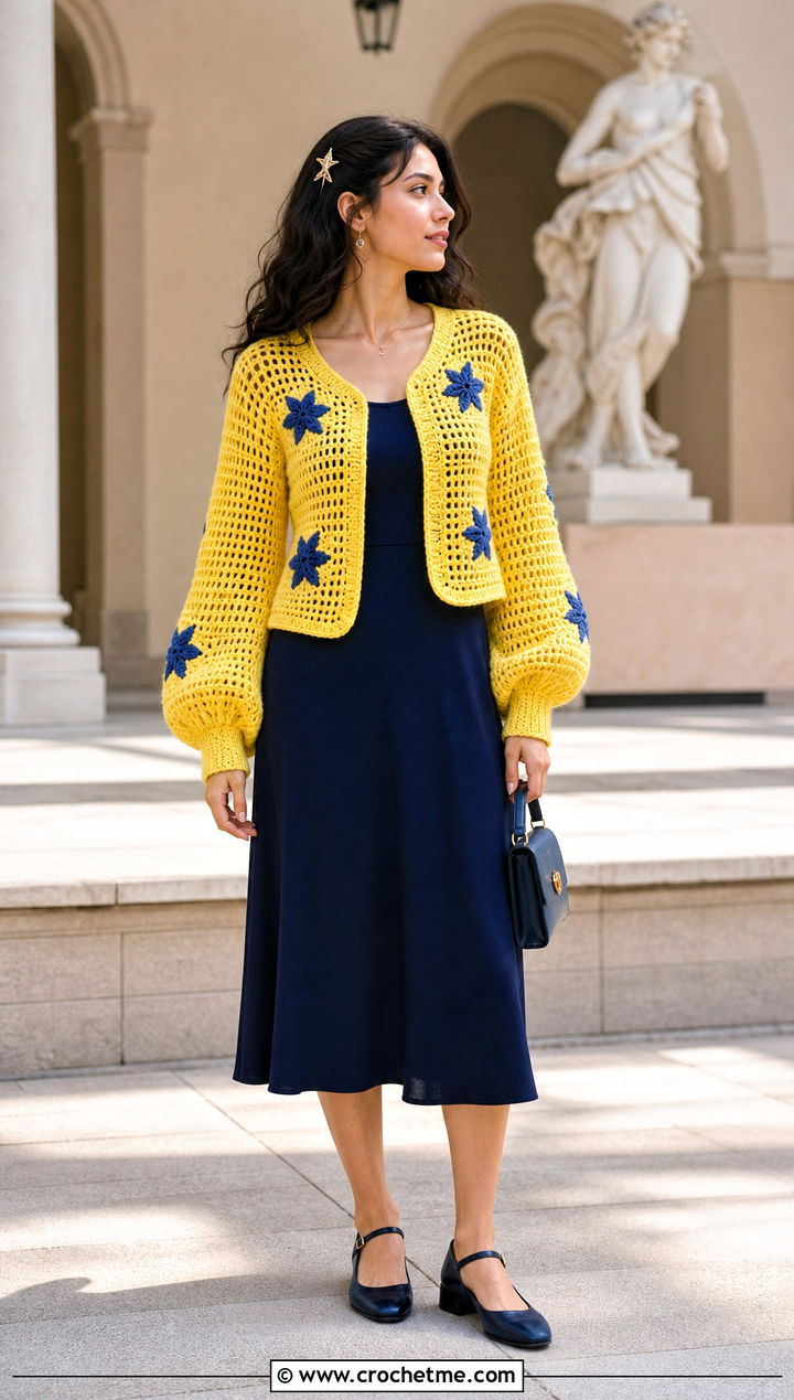 Bishop Sleeve Anime Crochet Cardigan With A Line Dress - 30 anime crochet cardigan outfit ideas