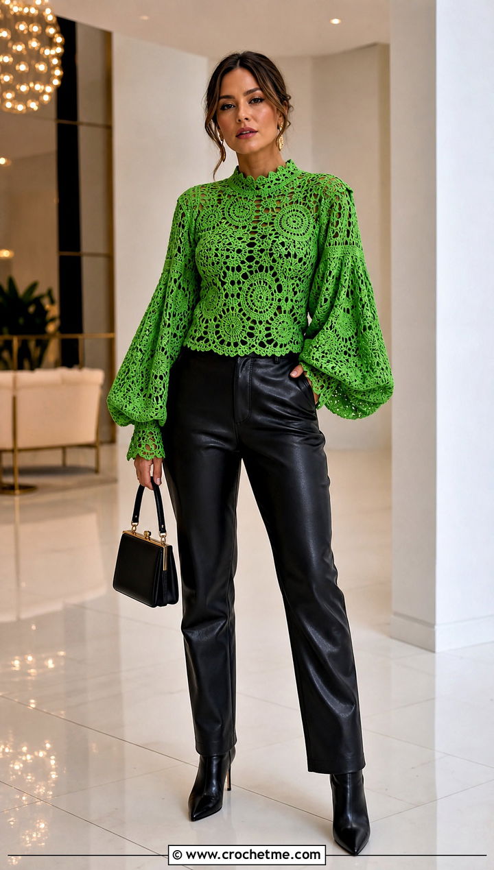 Bishop Sleeve Crochet Blouse With Leather Trousers - 35 crochet vintage top outfit ideas