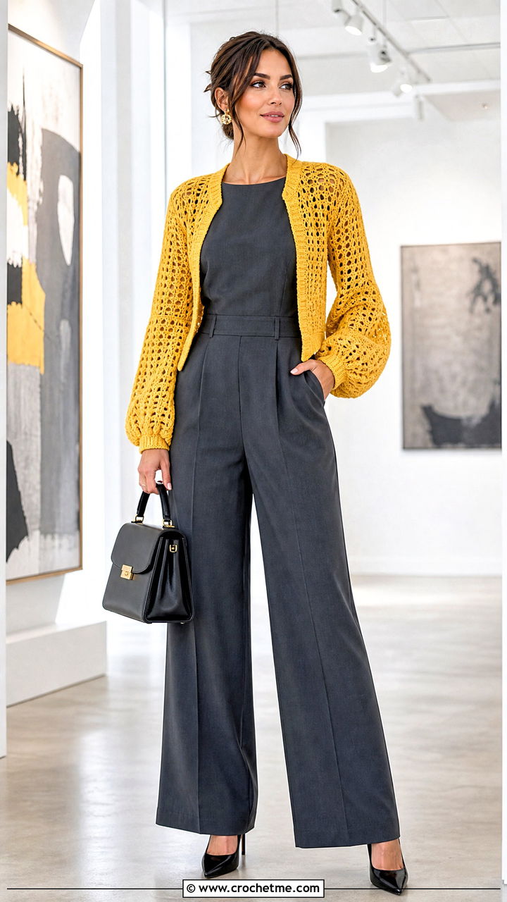 Bishop Sleeve Crochet Cardigan With Tailored Jumpsuit - 35 cute crochet cardigan outfit ideas