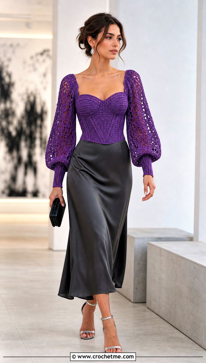 Bishop Sleeve Crochet Corset Top With Satin Midi Skirt - 25 crochet corset top with sleeves outfit ideas