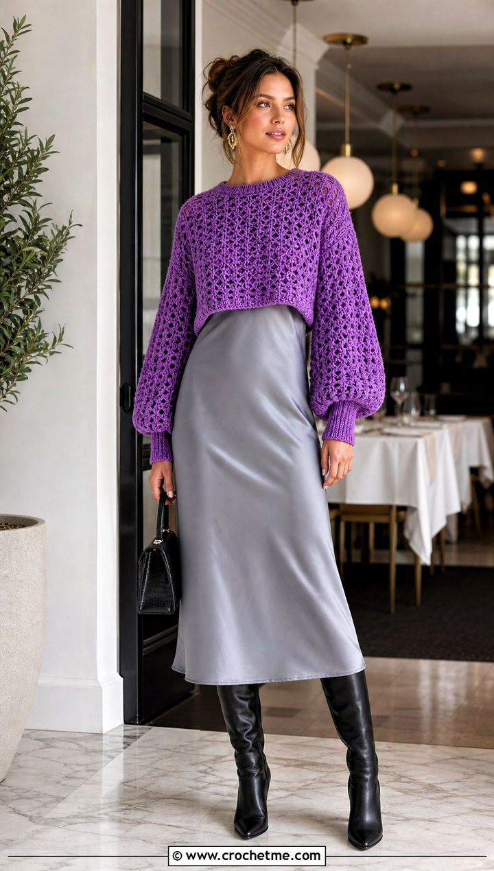 Bishop Sleeve Crochet Cropped Jumper With Slip Dress - 30 crochet cropped jumper outfit ideas