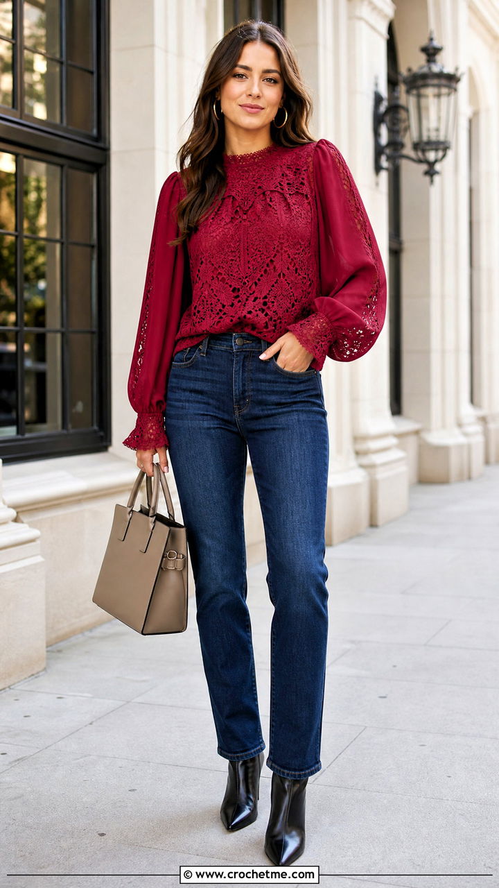 Bishop Sleeve Crochet Lace Blouse With Dark Wash Jeans - 35 crochet lace blouse outfit ideas