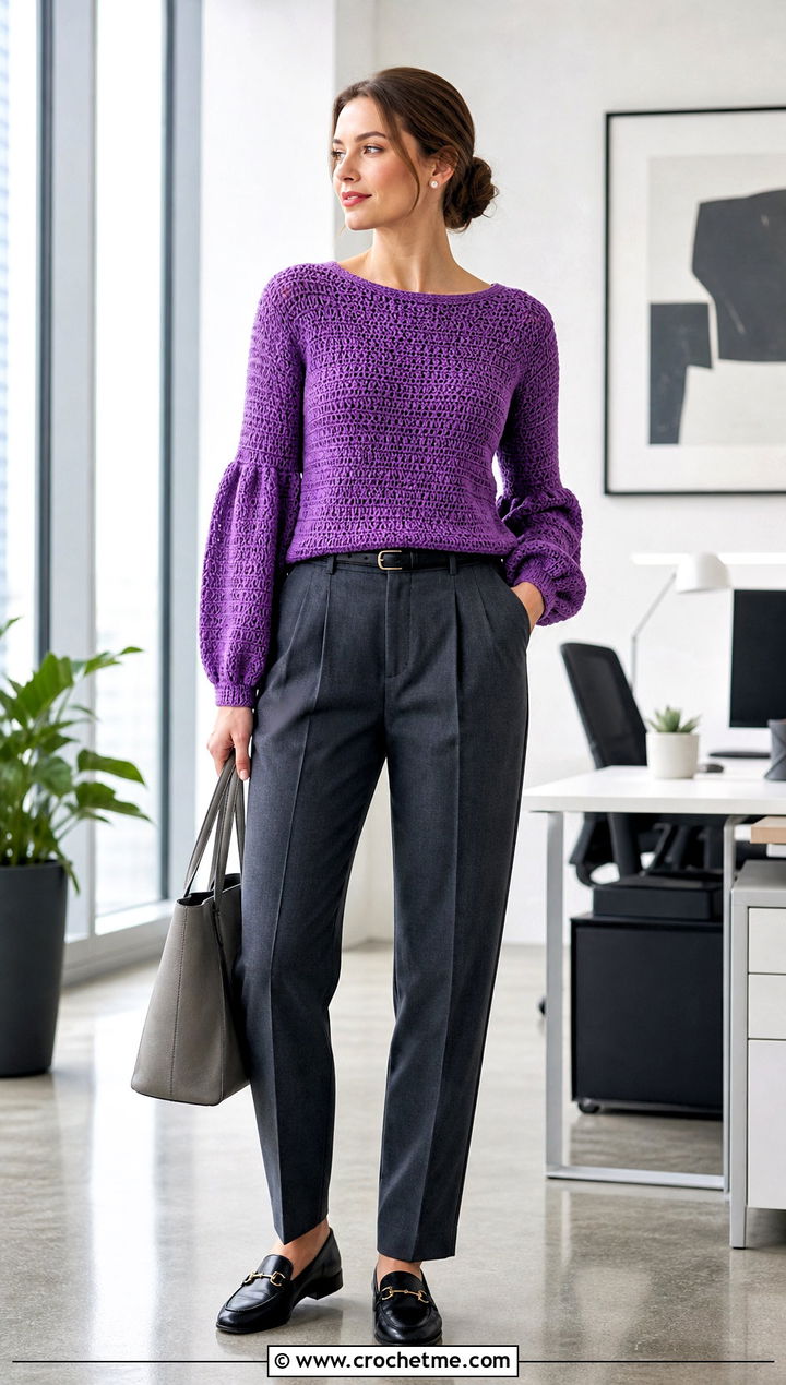 Bishop Sleeve Crochet Sweater With Tailored Trousers - 15 Puffy Crochet Sweater outfit ideas