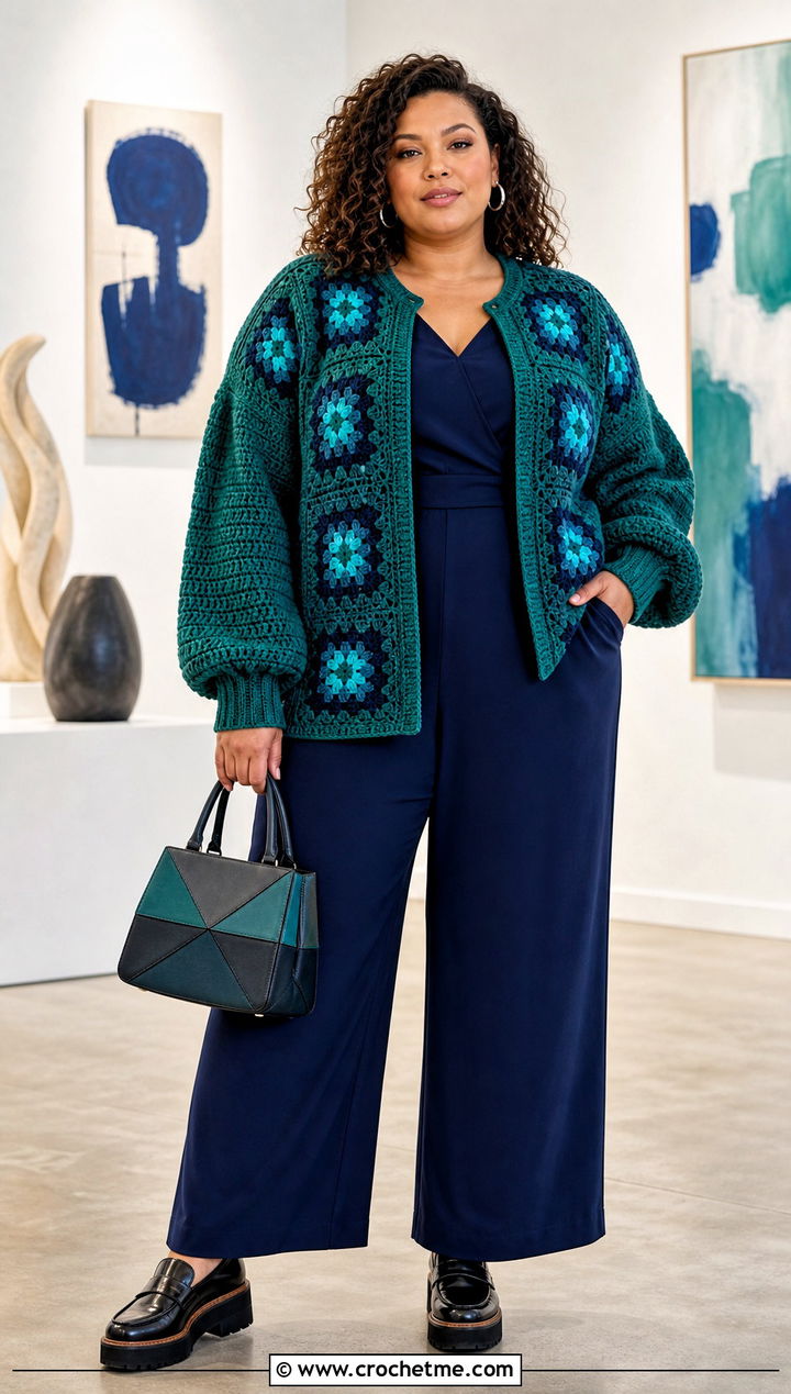 Bishop Sleeve Granny Square Cardigan With Jumpsuit - 30 plus size crochet granny square cardigan outfit ideas
