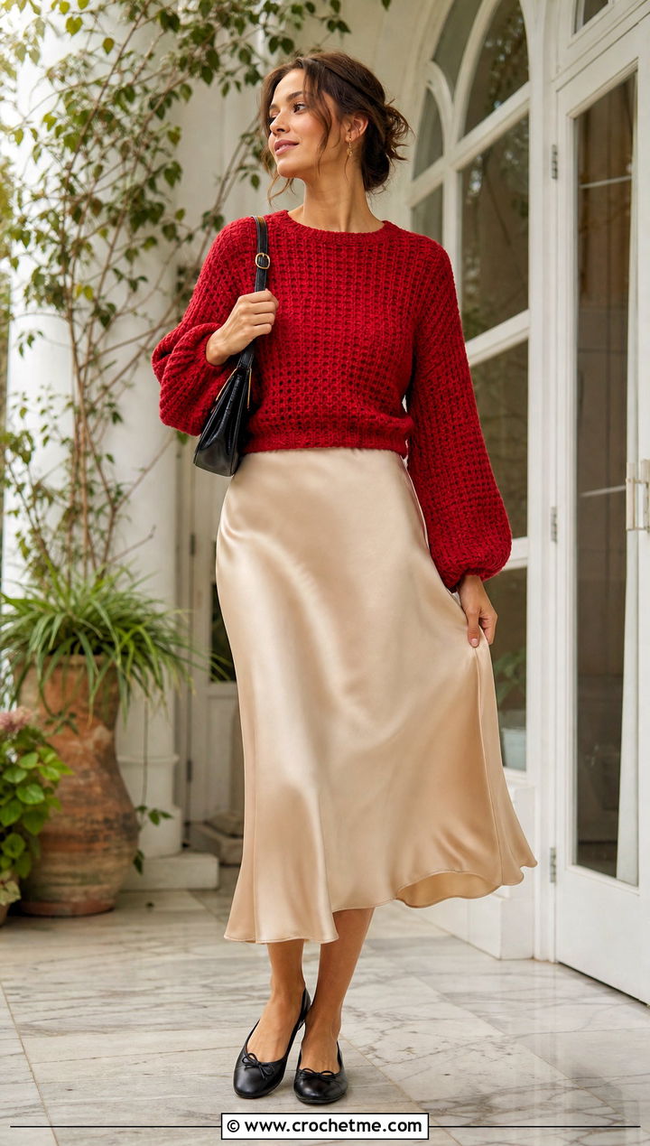 Bishop Sleeve Waffle Stitch Crochet Sweater Over A Slip Dress - 30 waffle stitch crochet sweater outfit ideas