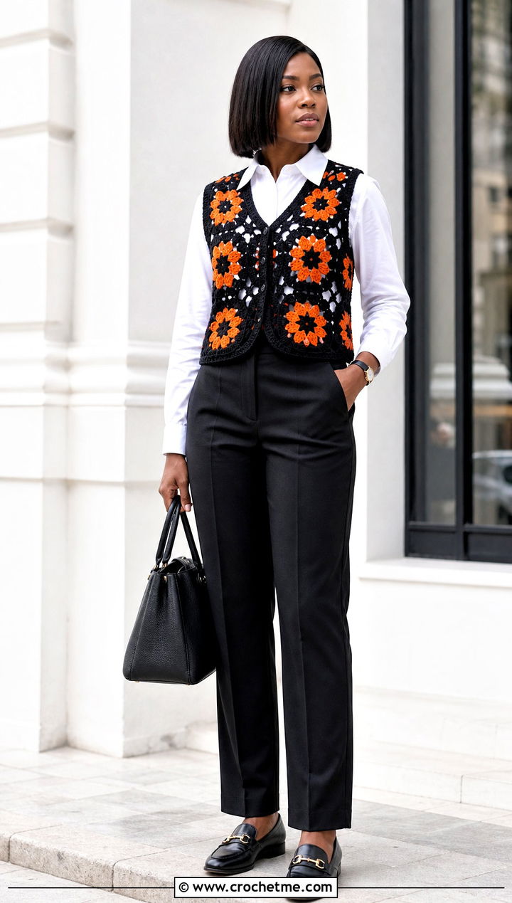 Black African Flower Crochet Vest With White Button Down Shirt - 15 black crochet top with flowers outfit ideas