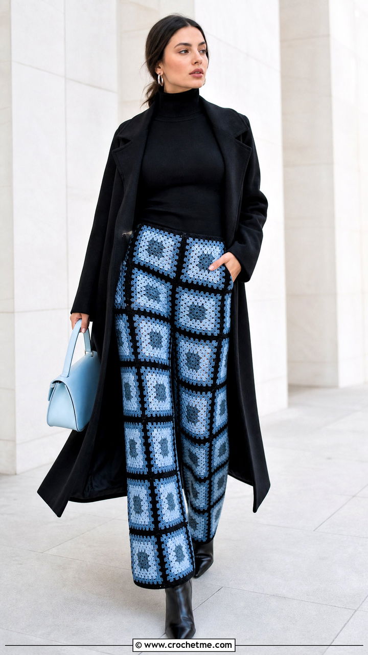 Black And Blue Granny Square Pants With Turtleneck - 35 granny square pants outfit ideas